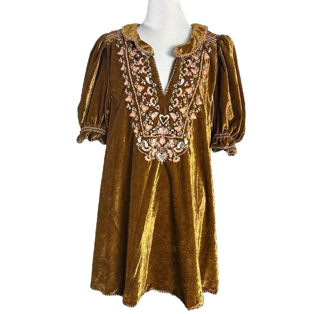 Free People Bohemian Embroidered Velvet Freya Tunic Dress Amber Brown Size Large - Picture 7 of 14